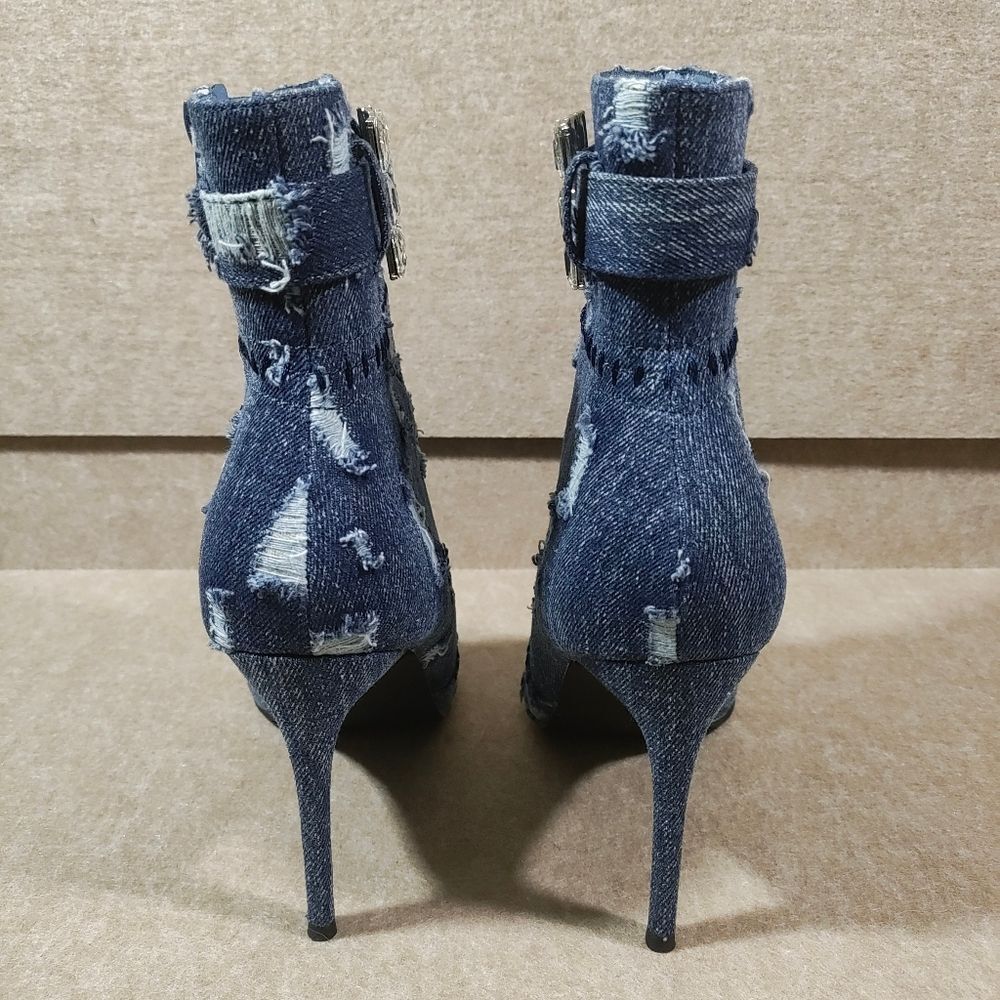 Mata Denim Rhinestone Buckle Ankle Heel Boots -C - Picture 4 of 6